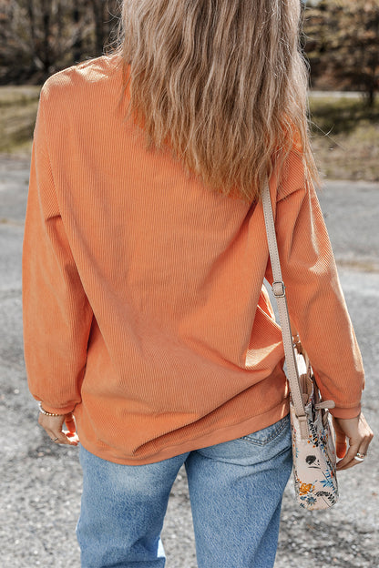 Patchwork Pumpkin Corded Ribbed Round Neck Tunic Sweatshirt