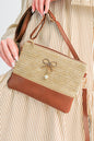 Beige Bow Pearl Decor Straw PU Leather Patched Crossbody Bag