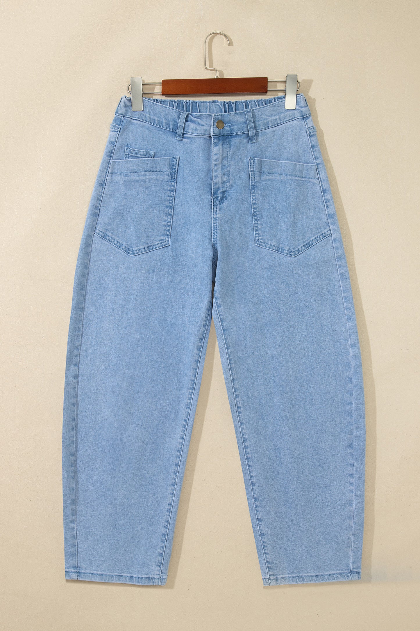 Beau Blue Solid Color Square Patch Pocket Ankle-length Barrel Jeans