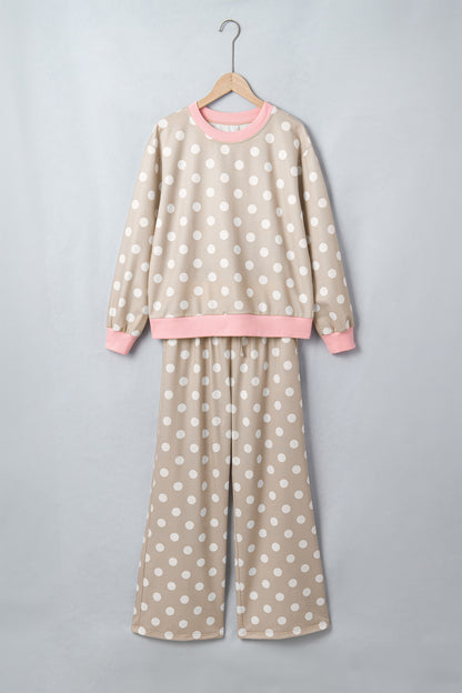 Polka Dot Long Sleeve Top Drawstring Pants Set