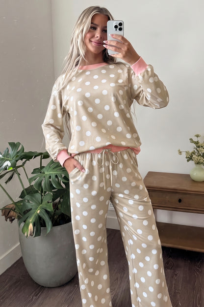 Polka Dot Long Sleeve Top Drawstring Pants Set