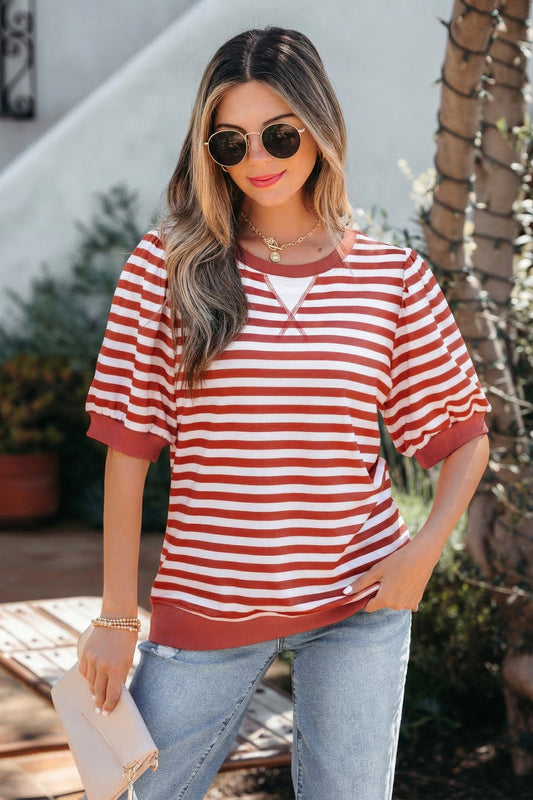 Stripe Bubble Sleeve T Shirt
