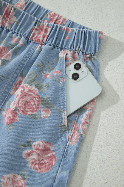 Floral Denim 2pcs Shorts Set