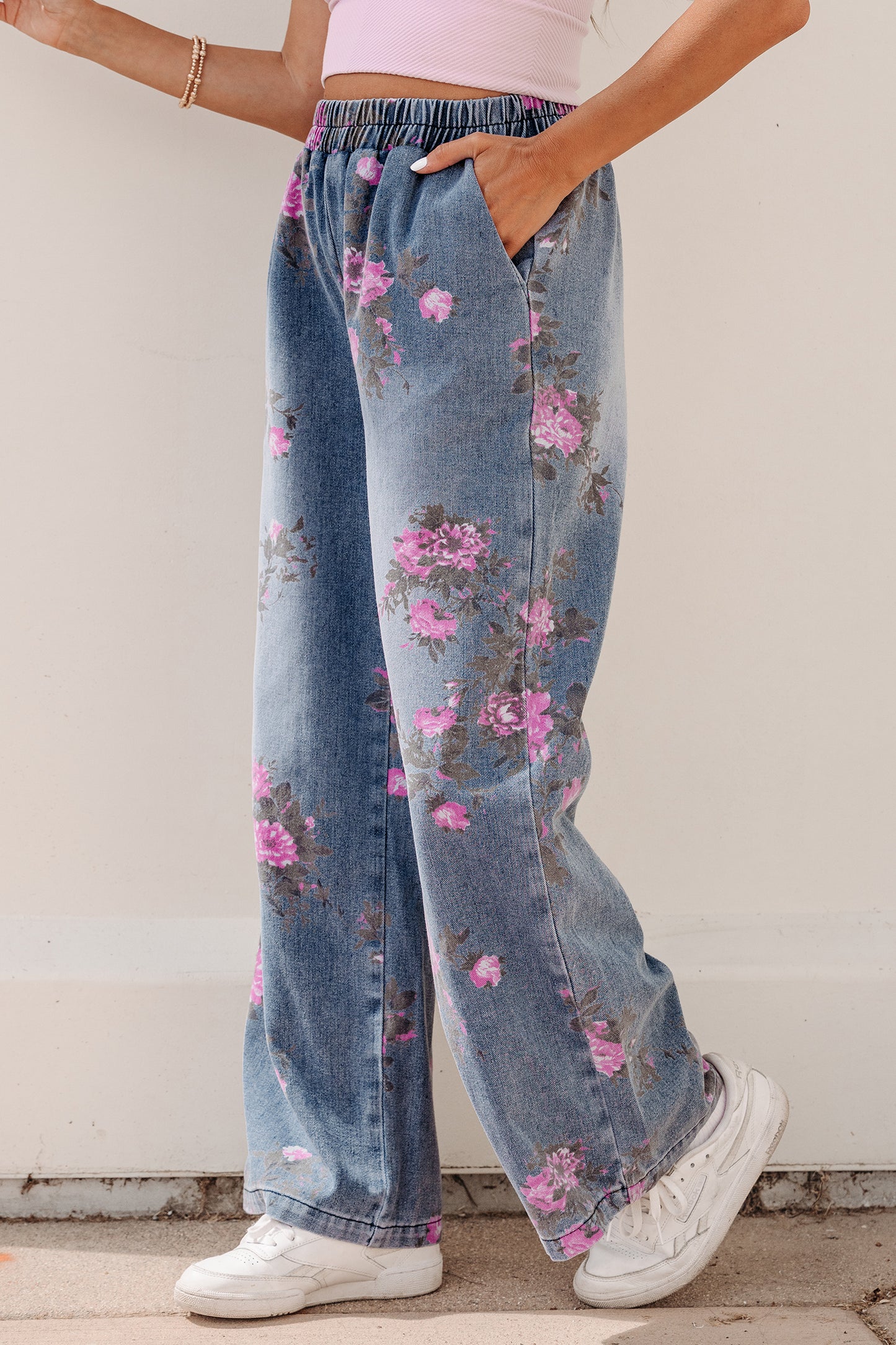 Floral Print Elastic Waist Jeans