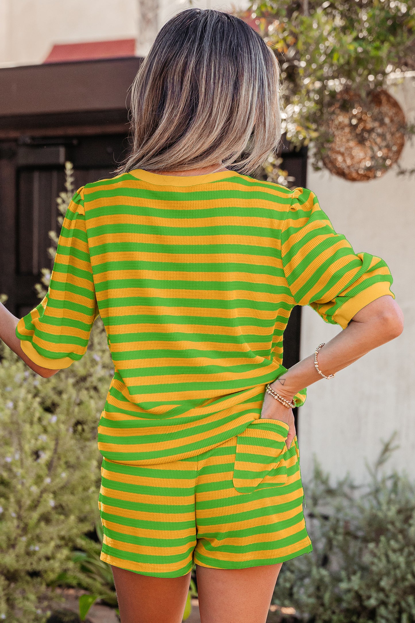 Green Stripe Puff Sleeve Matching Shorts Set