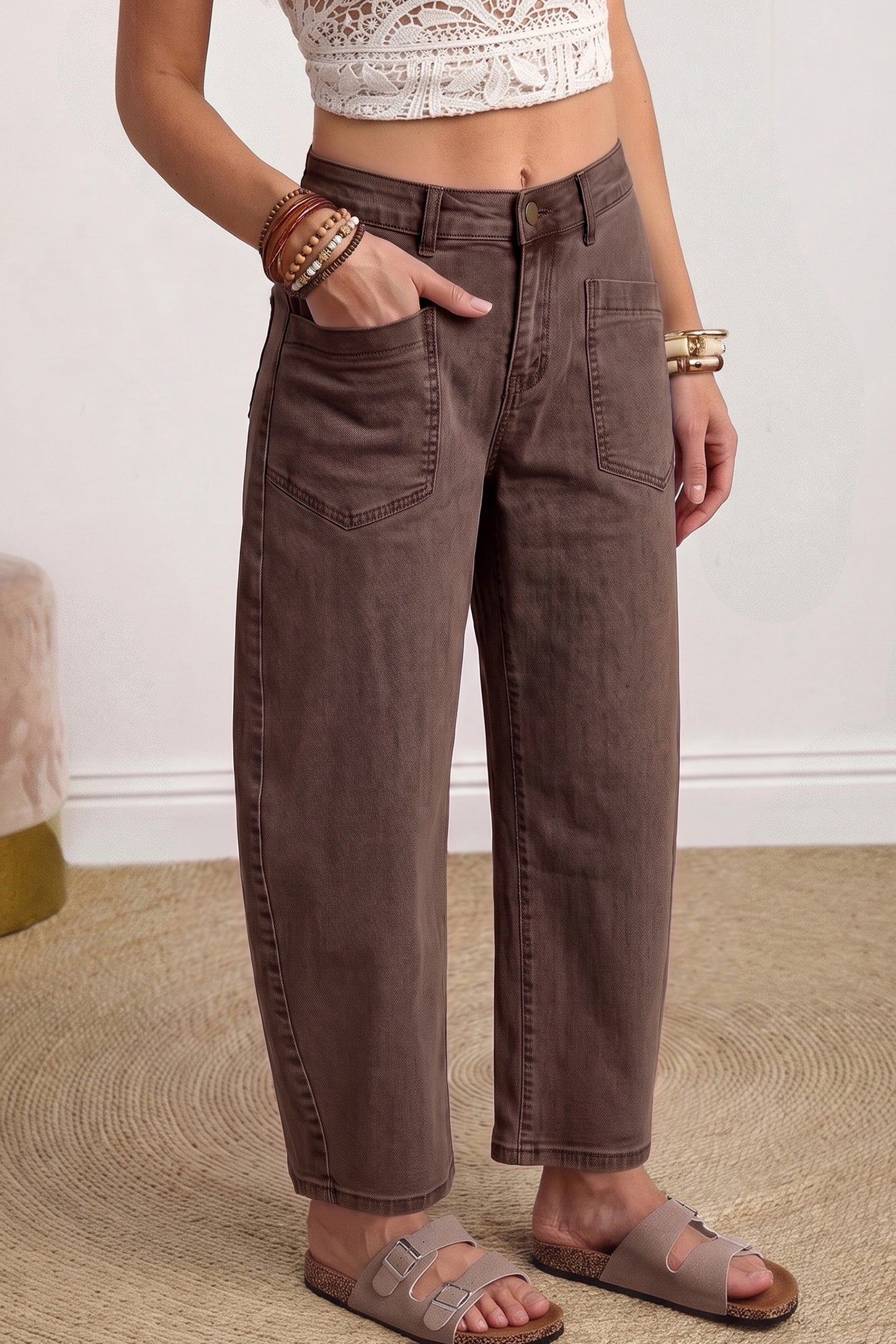 Beau Blue Solid Color Square Patch Pocket Ankle-length Barrel Jeans
