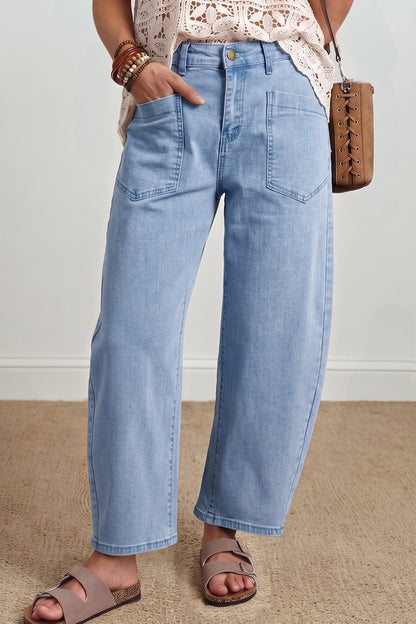 Beau Blue Solid Color Square Patch Pocket Ankle-length Barrel Jeans