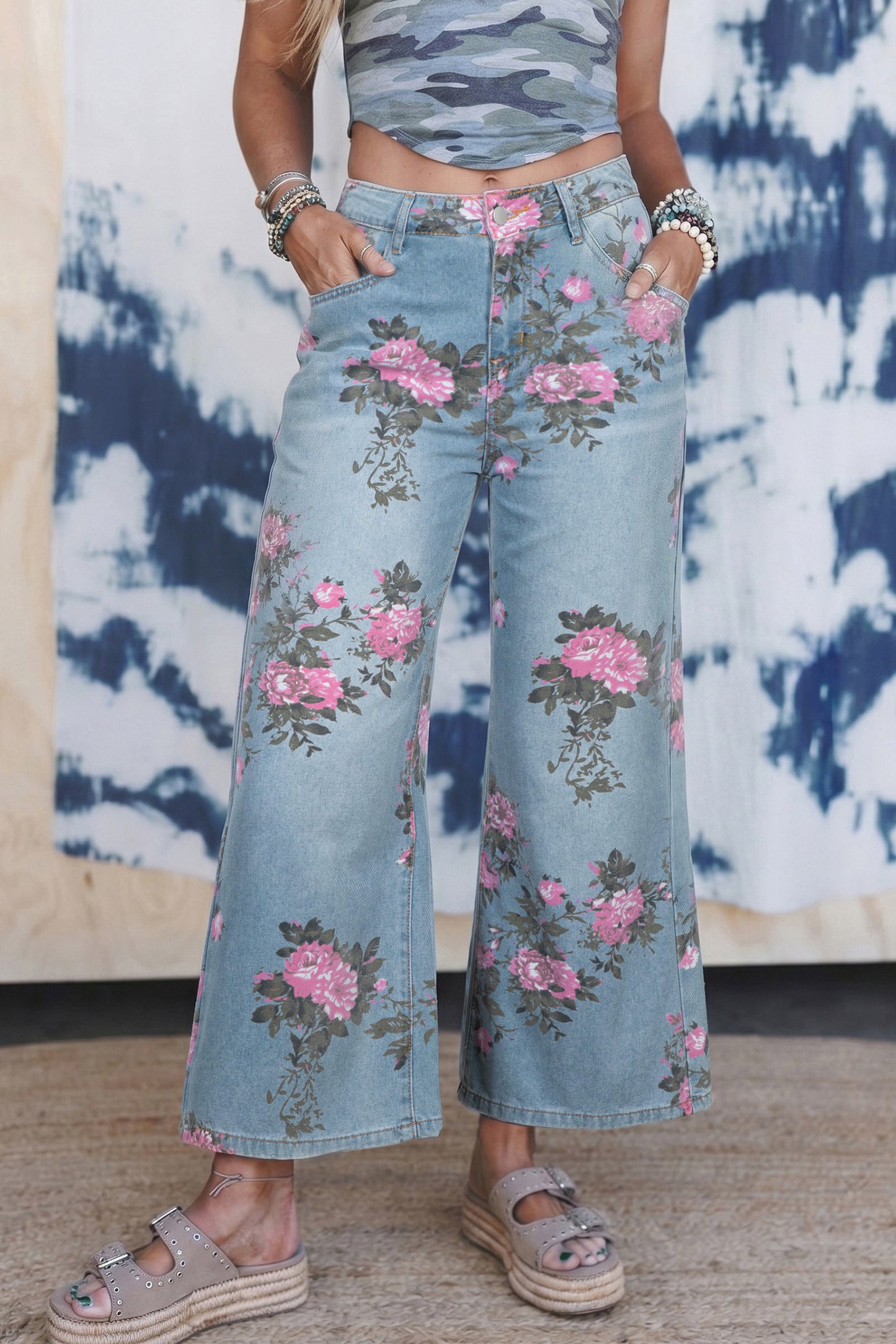 Floral Print Bootcut Jeans