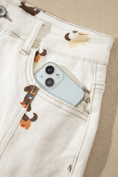 Dog Print Wide Leg Jeans