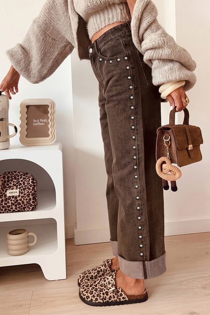 Black Studded Detail Straight Leg Casual Loose Jeans