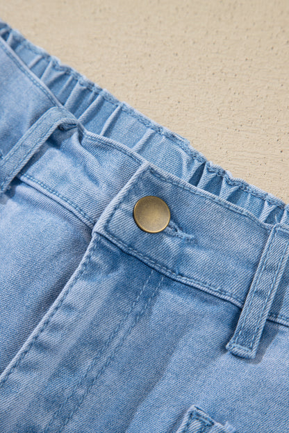Beau Blue Solid Color Square Patch Pocket Ankle-length Barrel Jeans