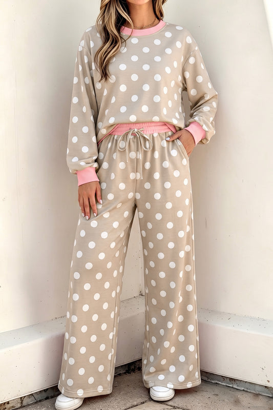 Polka Dot Long Sleeve Top Drawstring Pants Set