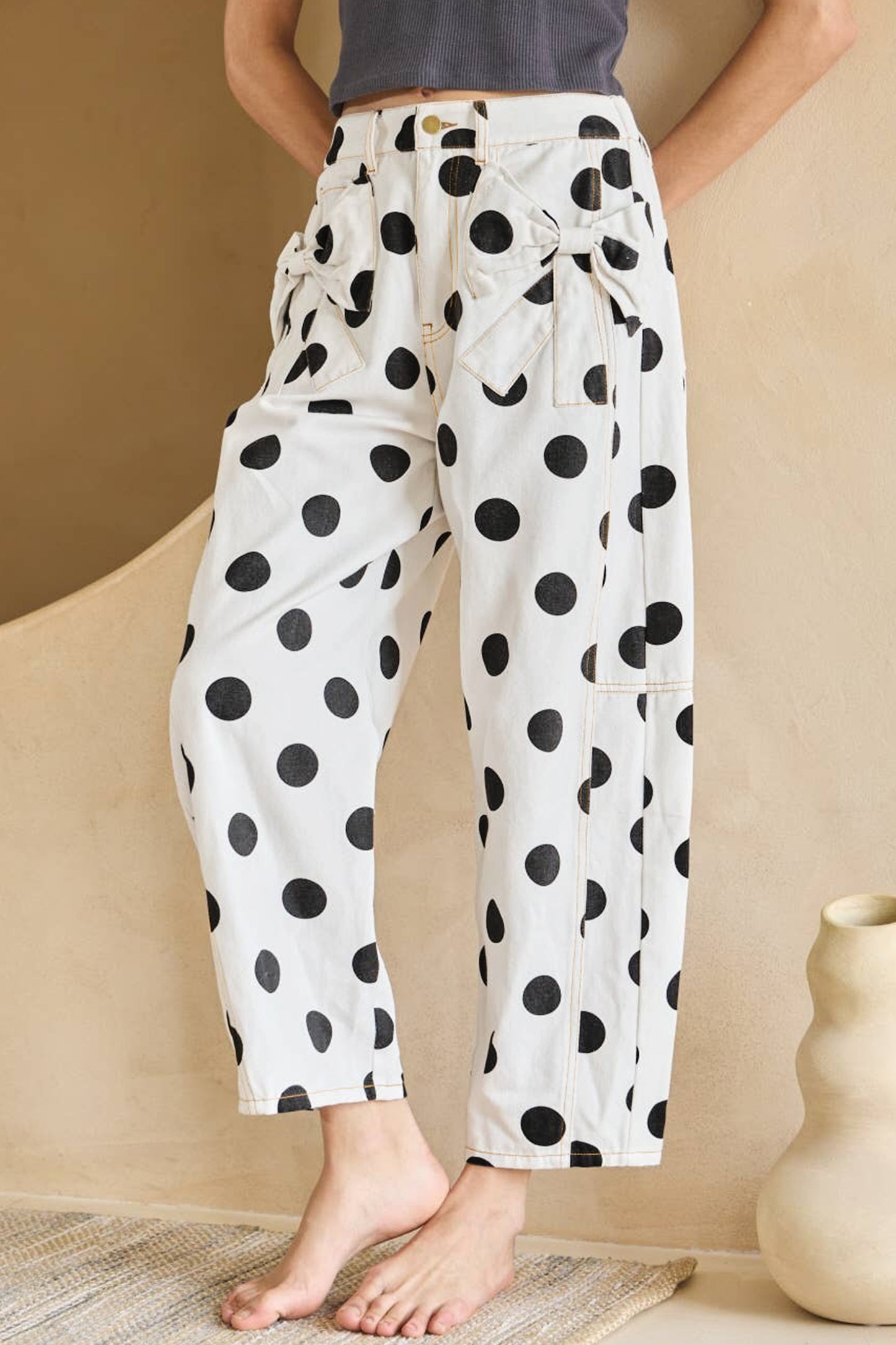 Polka Dot Bow Pocket Barrel Jeans
