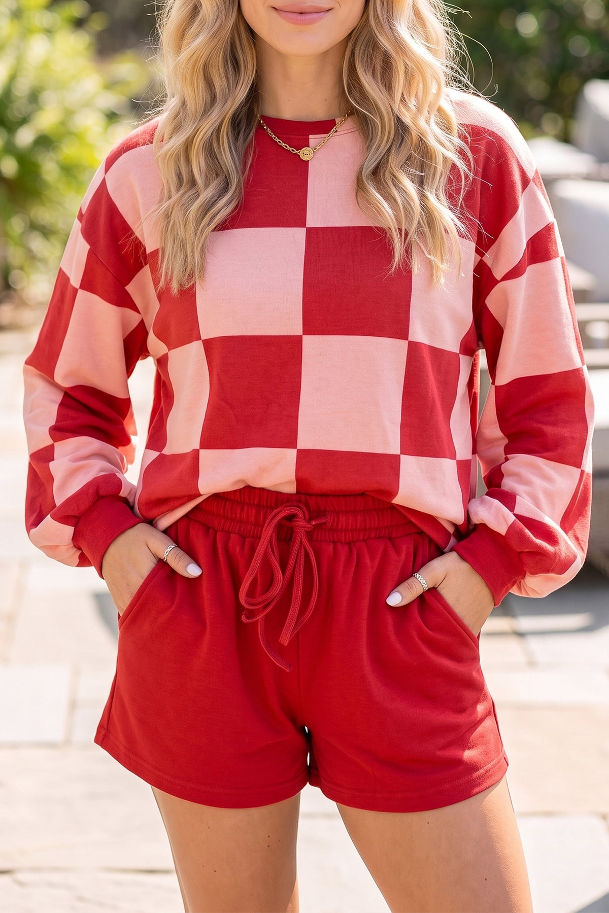 Checkered Long Sleeve Top/Shorts 2pcs Set