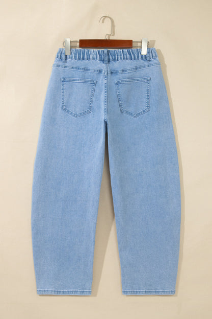 Beau Blue Solid Color Square Patch Pocket Ankle-length Barrel Jeans