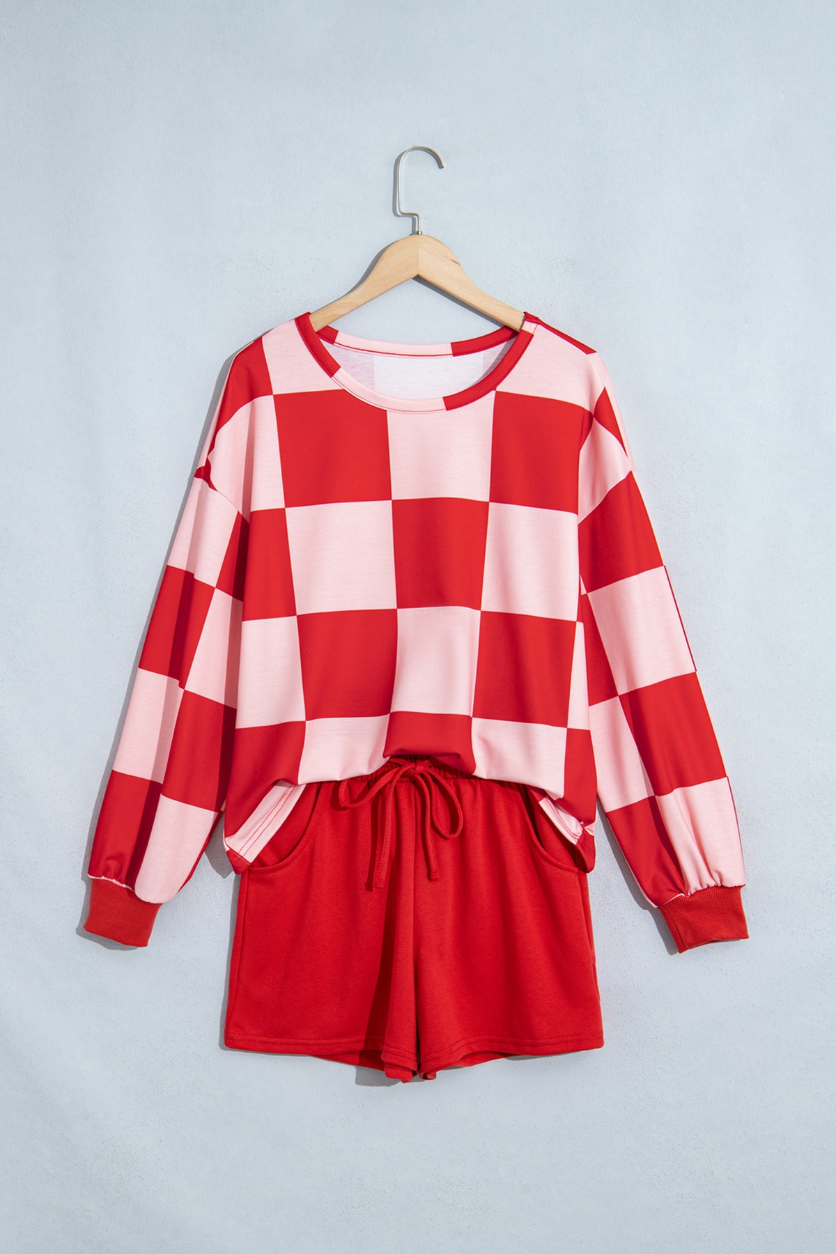 Checkered Long Sleeve Top/Shorts 2pcs Set