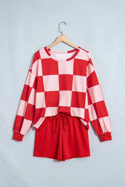 Checkered Long Sleeve Top/Shorts 2pcs Set