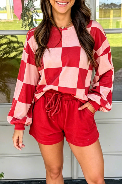 Checkered Long Sleeve Top/Shorts 2pcs Set