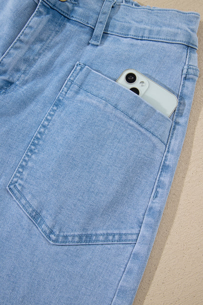 Beau Blue Solid Color Square Patch Pocket Ankle-length Barrel Jeans