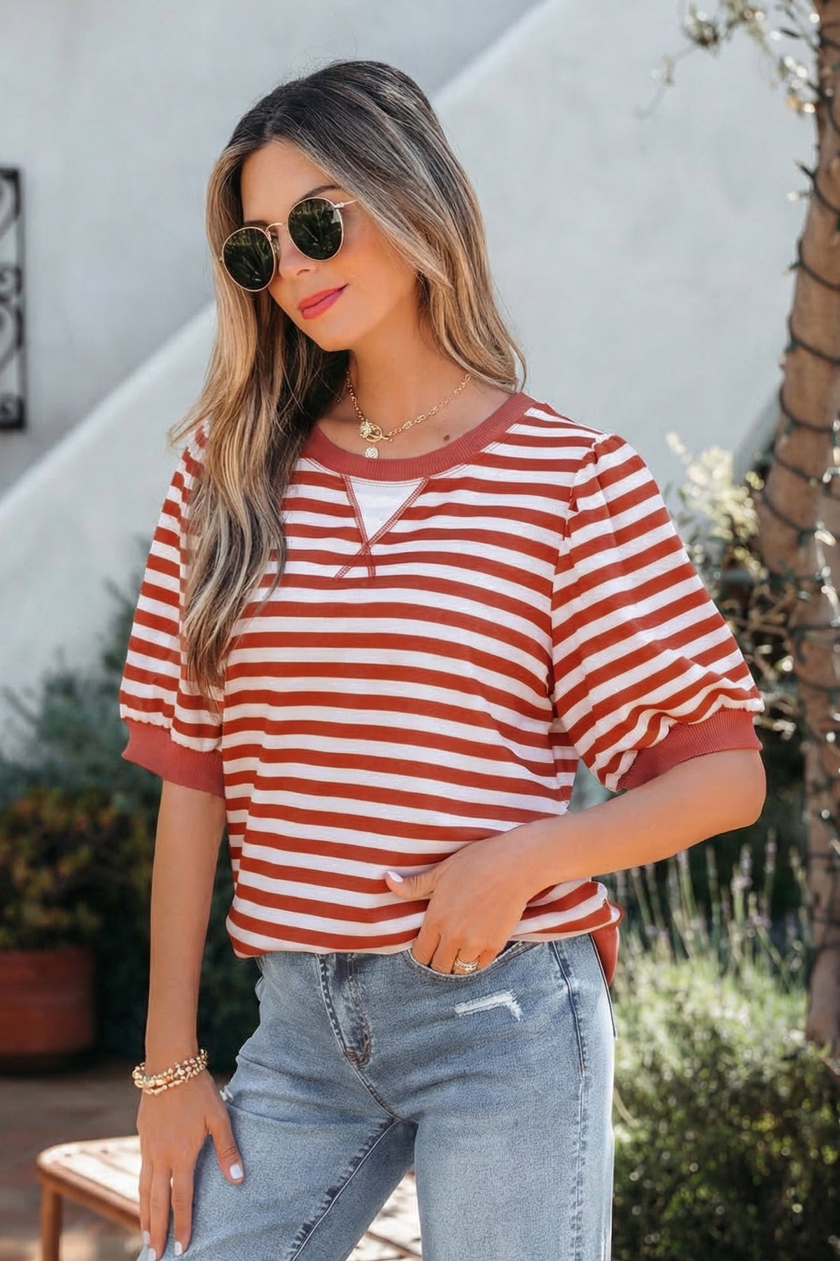 Stripe Bubble Sleeve T Shirt
