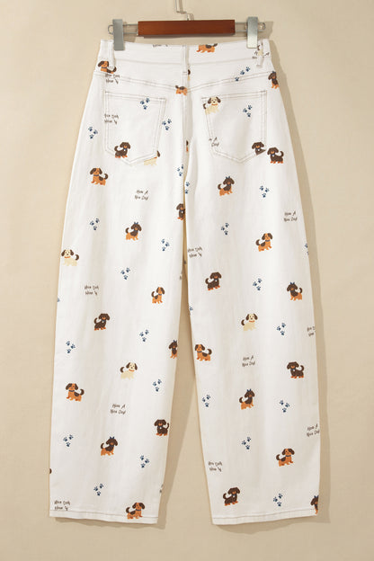 Dog Print Wide Leg Jeans