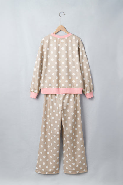 Polka Dot Long Sleeve Top Drawstring Pants Set