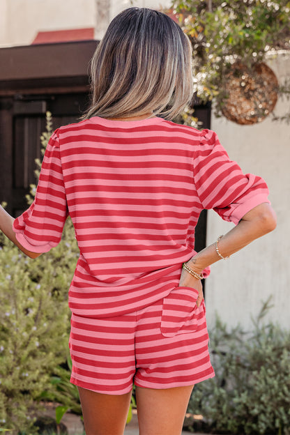 Green Stripe Puff Sleeve Matching Shorts Set