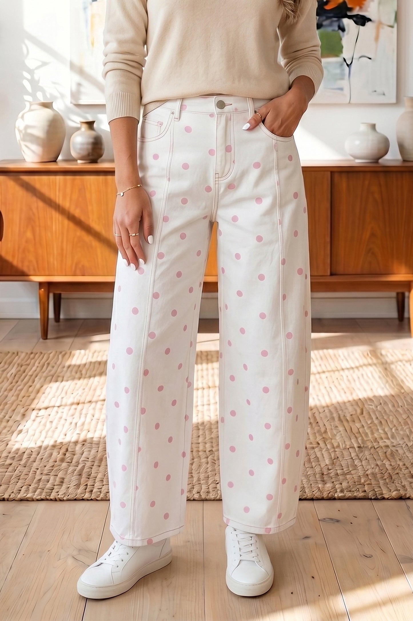 Pink Tailored Seam Polka Dot Print Barrel Casual Jeans