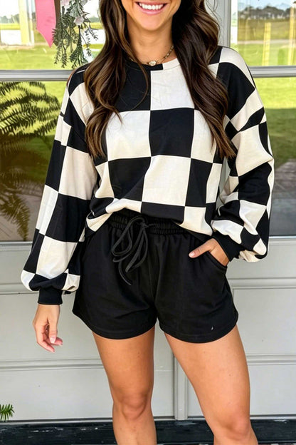 Checkered Long Sleeve Top/Shorts 2pcs Set