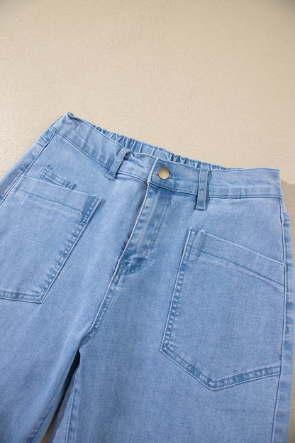 Beau Blue Solid Color Square Patch Pocket Ankle-length Barrel Jeans