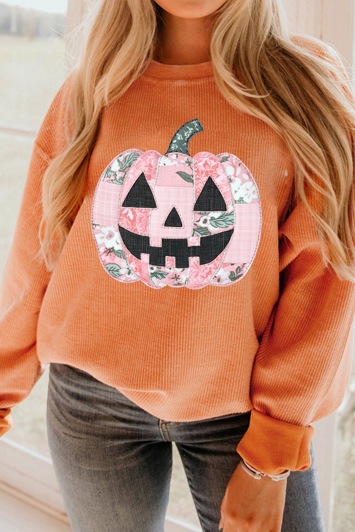 Patchwork Pumpkin Corded Ribbed Round Neck Tunic Sweatshirt