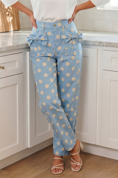 Polka Dot Bow Pocket Barrel Jeans
