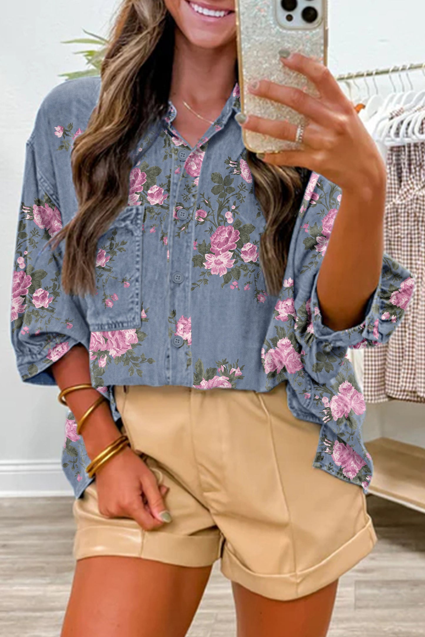 Blue Floral Denim Shirt