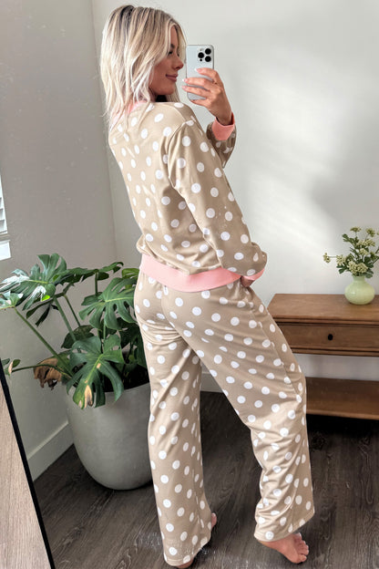 Polka Dot Long Sleeve Top Drawstring Pants Set