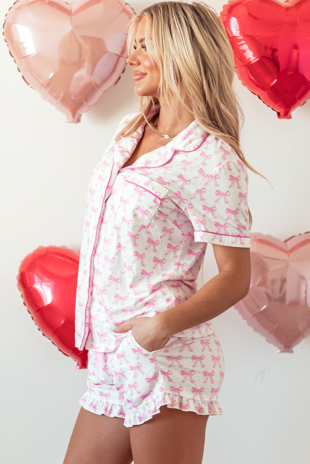 Bow Ruffled Shorts Pajama Set