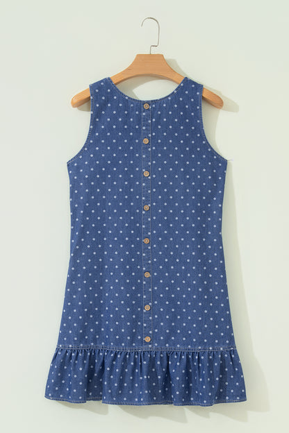 Blue Polka Dot Ruffle Hem Sleeveless Denim Mini Dress