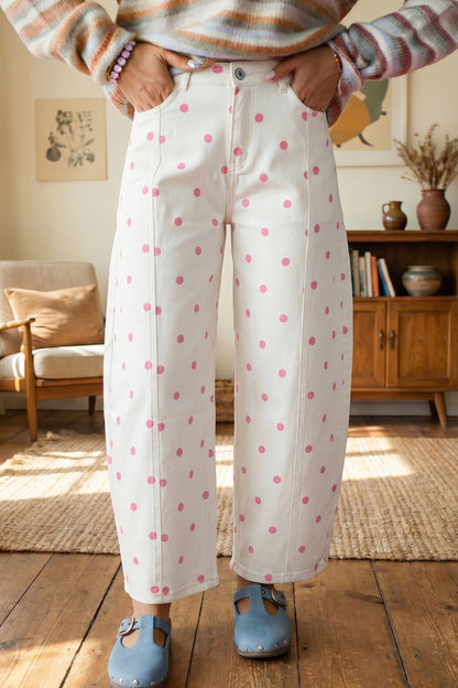Pink Tailored Seam Polka Dot Print Barrel Casual Jeans