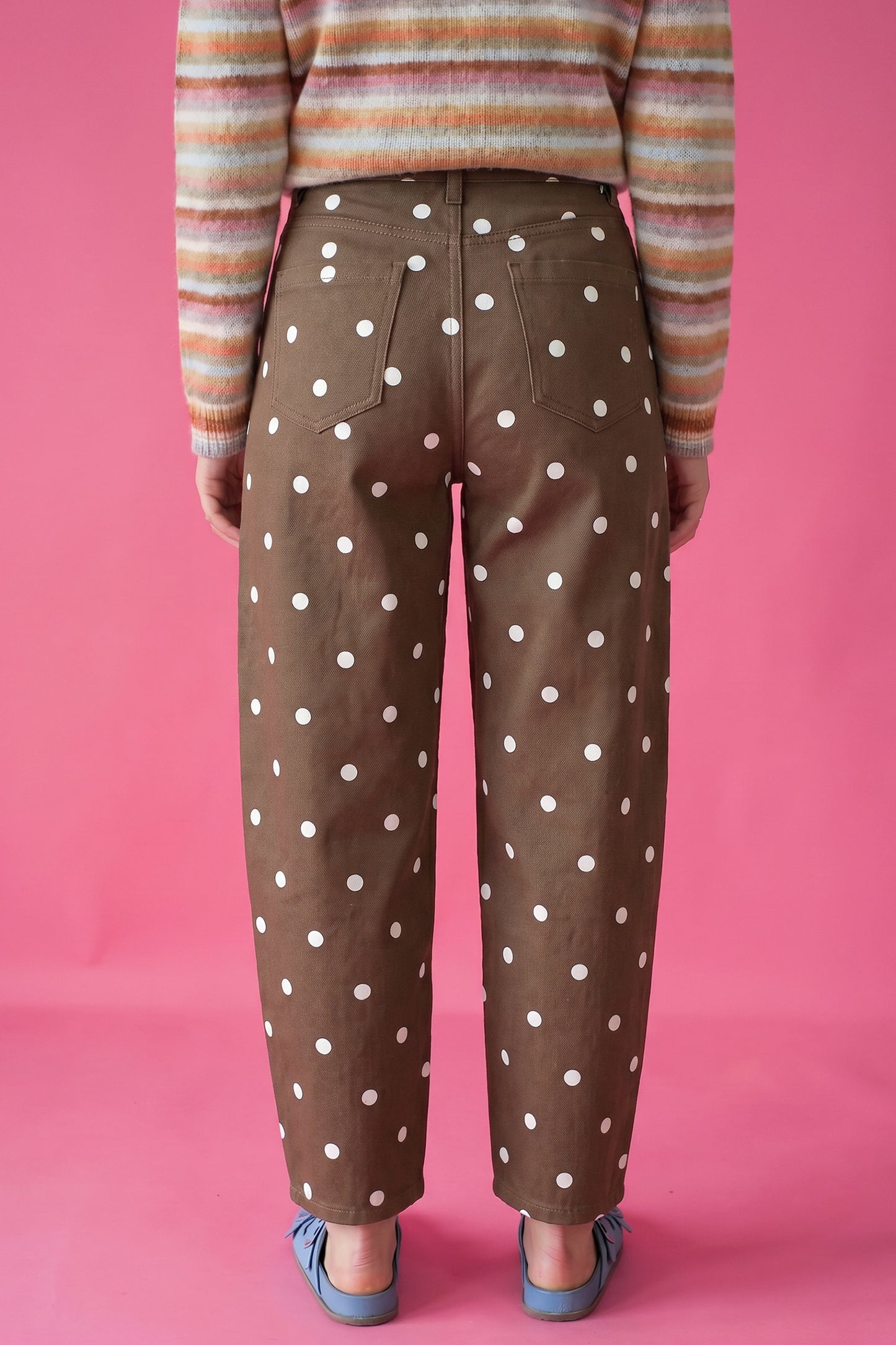 Pink Tailored Seam Polka Dot Print Barrel Casual Jeans