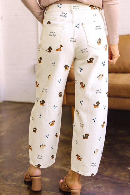 Dog Print Wide Leg Jeans