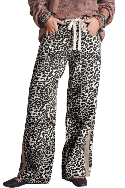 Leopard Print Drawstring Waist Straight Leg Jeans