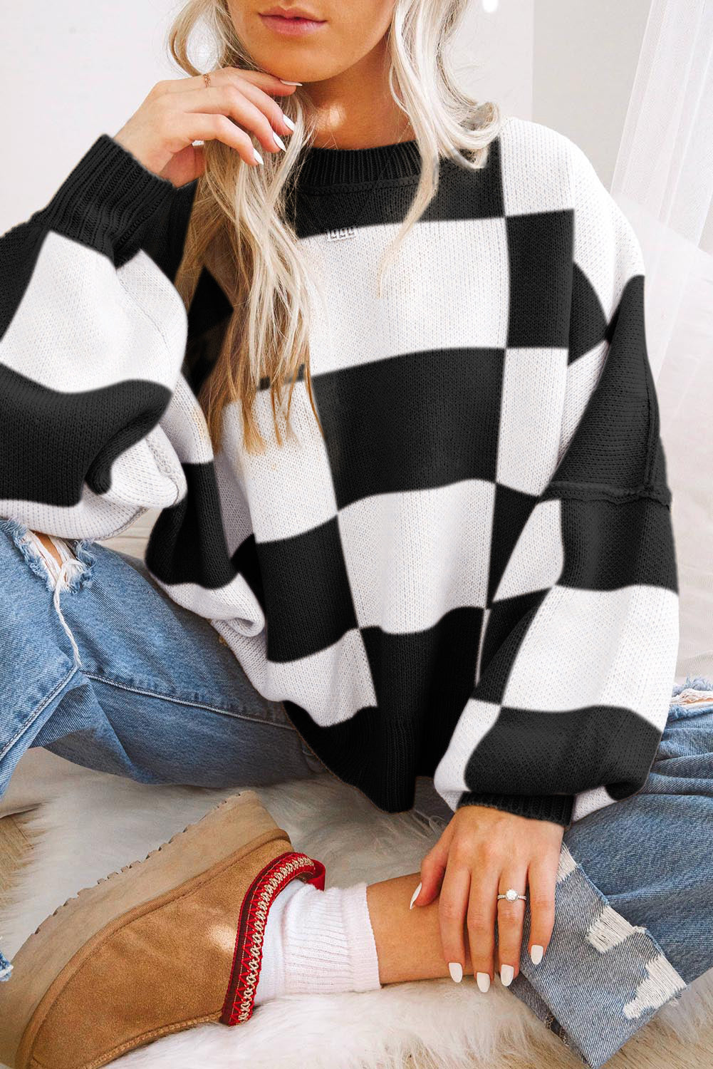 Pink Checkered Bishop Sleeve Sweater
