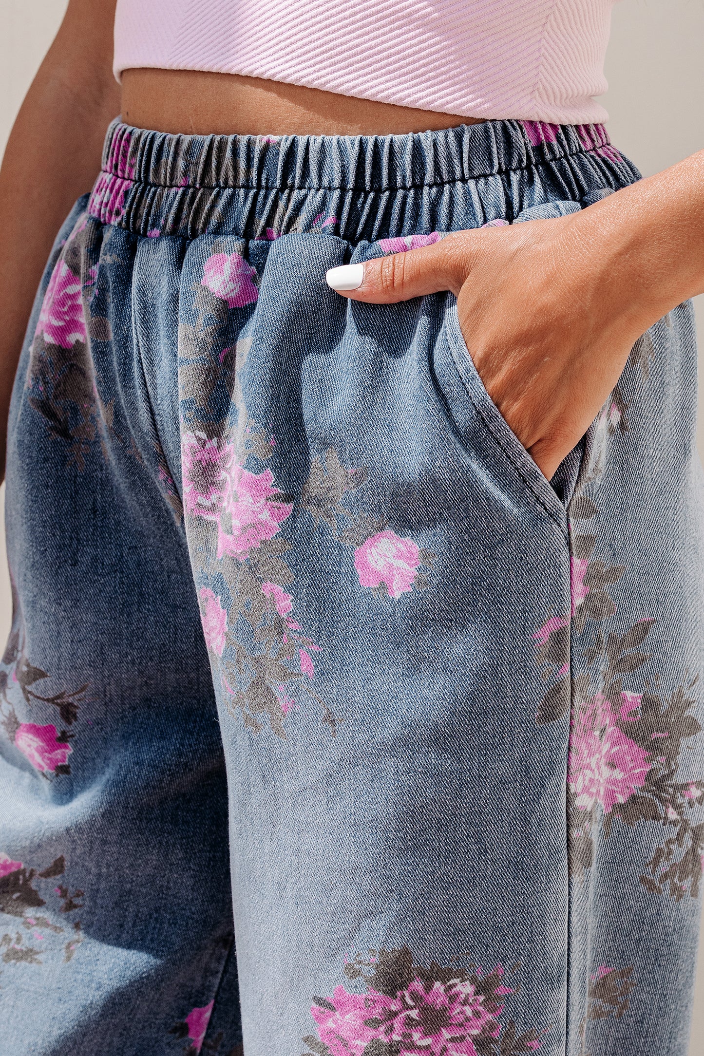 Floral Print Elastic Waist Jeans