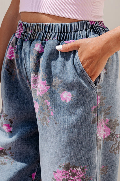 Floral Print Elastic Waist Jeans