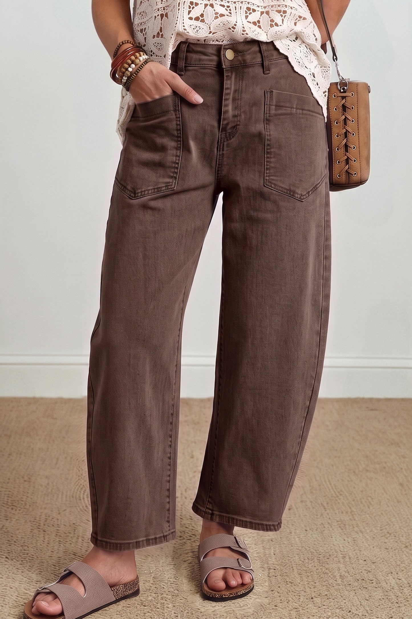 Beau Blue Solid Color Square Patch Pocket Ankle-length Barrel Jeans