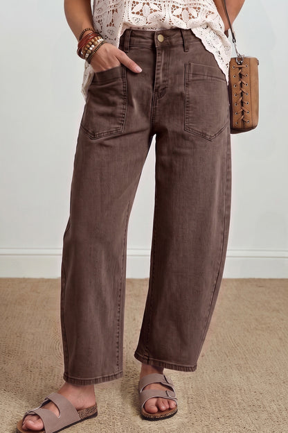 Beau Blue Solid Color Square Patch Pocket Ankle-length Barrel Jeans