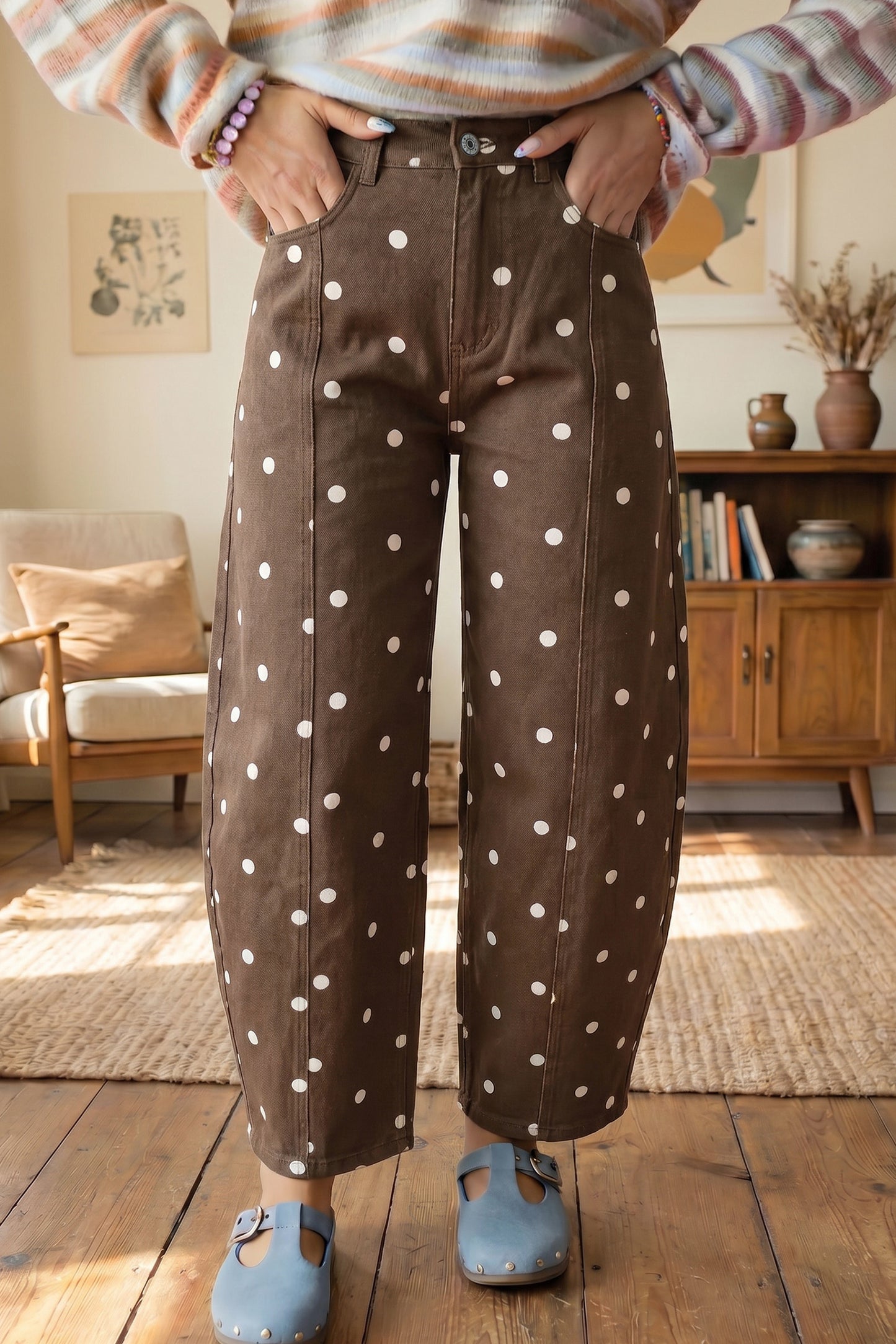 Pink Tailored Seam Polka Dot Print Barrel Casual Jeans