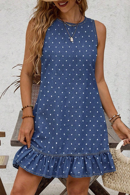 Blue Polka Dot Ruffle Hem Sleeveless Denim Mini Dress