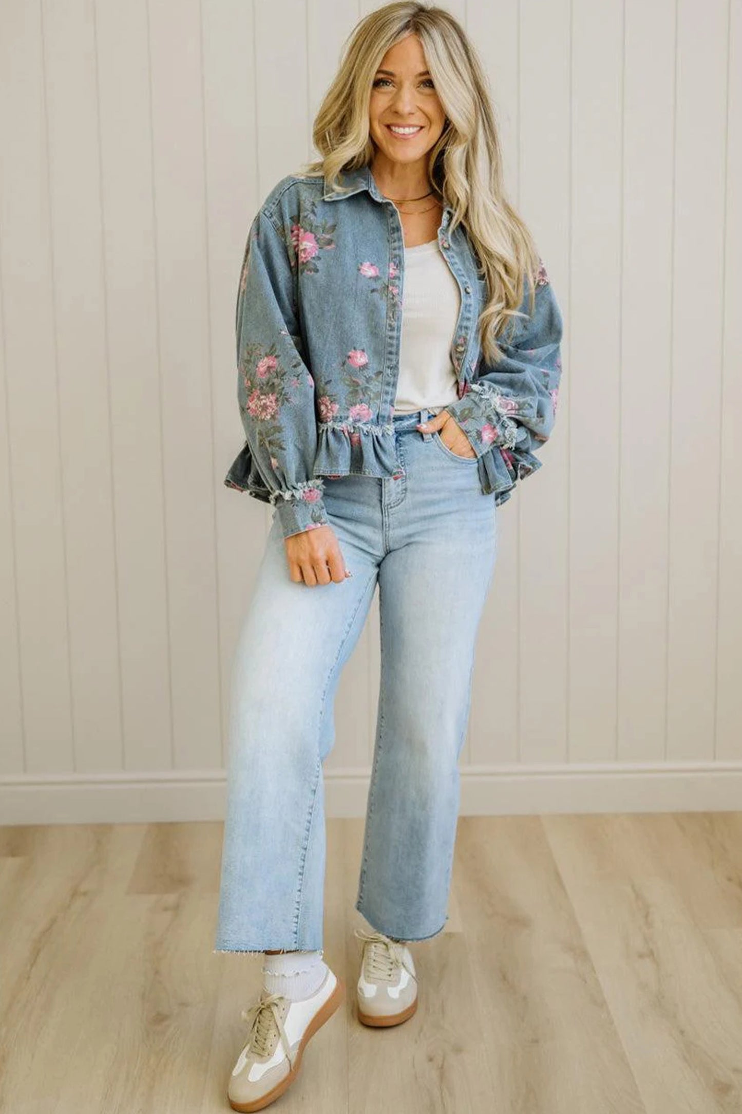 Sky Blue Floral Print Raw Seam Ruffle Hem Denim Jacket
