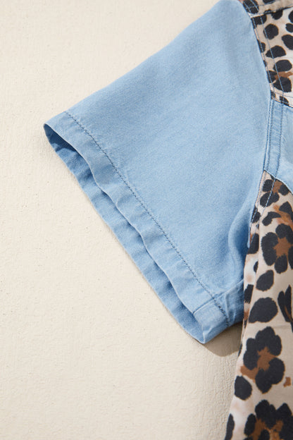 Myosotis Denim Color Block Leopard Patchwork Shirt Collar T Shirt Mini Dress