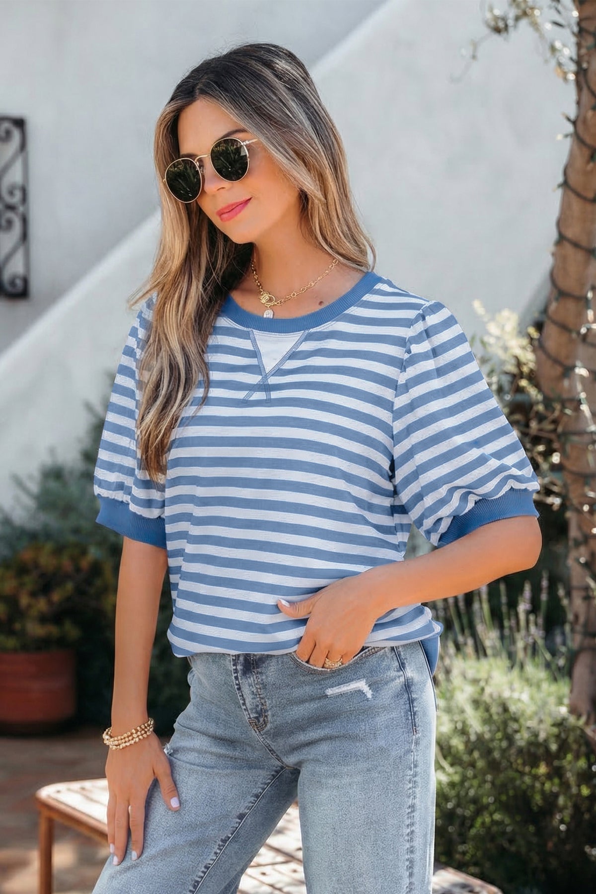 Stripe Bubble Sleeve T Shirt